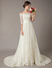 Robe de mariée trapèze ivoire en tulle manche courte col bateau en dentelle à traîne robe de mariage