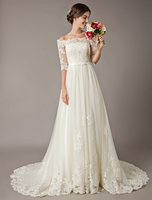 Robe de mariée trapèze ivoire en tulle manche courte col bateau en dentelle à traîne robe de mariage