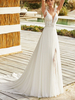 Robe de mariée trapèze ivoire tissu de chiffon col V pailletes décolleté boutonné à traîne robe de mariage