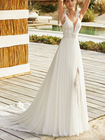 Robe de mariée trapèze ivoire tissu de chiffon col V pailletes décolleté boutonné à traîne robe de mariage