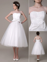 Robe de Mariée Vintage bustier ivoire Robe de mariée en tulle avec noeud longueur mollet Milanoo