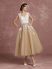 Robe de mariée vintage champagne col V boutonnée sur dos longueur cheville robe de mariage