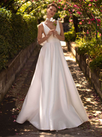 Robe de mariée Vintage col en v sans manches taille naturelle tissu en Satin avec nœuds de Train robes de mariée