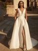 Robe de mariée Vintage col en v sans manches taille naturelle tissu en Satin avec traîne robes de mariée