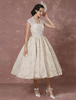 Robe de Mariée Vintage Courte en dentelle Champagne Robe de mariée perlée dos nu avec ceinture Milanoo