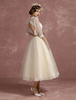 Robe de Mariée Vintage Courte en dentelle tulle demi-manches Robe de mariée A-ligne col V dos nu noeud fleur longueur mollet Milanoo