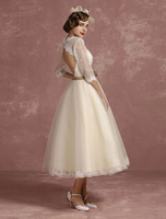 Robe de Mariée Vintage Courte en dentelle tulle demi-manches Robe de mariée A-ligne col V dos nu noeud fleur longueur mollet Milanoo