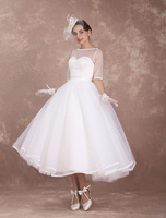 Robe de Mariée Vintage Courte Robe de mariée A-ligne satin en dentelle avec doublure
