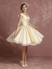 Robe de mariée vintage courte Satin princesse genou longueur en dentelle sans manches bord plissé avec ruban Bow Milanoo