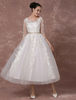 Robe de Mariée Vintage Courte Tulle en dentelle Applique Robe de mariée A-ligne demi manches longueur mollet Milanoo
