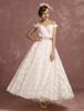 Robe de Mariée Vintage en dentelle Robe de mariée A-ligne hors de l’épaule longueur cheville sans manches avec noeud détachable ruban Milanoo