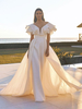 Robe de mariée vintage en organza col v manche courte traîne amovible