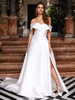 Robe de mariée vintage ivoire hors des épaules boutonné sur dos jupe fendu au sol