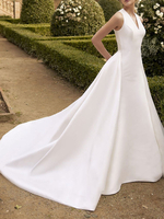 Robe de mariée vintage robe de soirée de mariage col V dos nu à bouton à traîne en satin