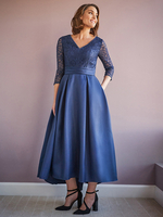 Robe de mère col en V demi-manches trapèze robes dinvitées de mariage perlées
