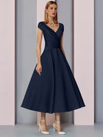 Robe de mère col en V manches courtes robes dinvitées de mariage trapèze