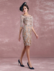 Robe de mère courte Taupe Dentelle Applique Robe de Cocktail Moulante Illusion Demi Manches Satin Ceinture Longueur Genou Robes de Mariée Milanoo