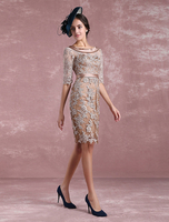 Robe de mère courte Taupe Dentelle Applique Robe de Cocktail Moulante Illusion Demi Manches Satin Ceinture Longueur Genou Robes de Mariée Milanoo