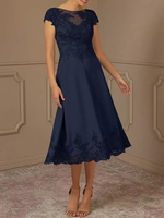 Robe de mère de la mariée en dentelle avec manches cape et ornements en dentelle robe de soirée de mariage longueur thé