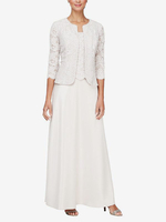 Robe de mère de mariée 2 pièces haut en dentelle jupe en crêpe élastique col carré zip sur dos