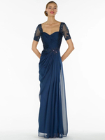 Robe de mère de mariée bleu marine sans bretelles manches courtes une ligne en mousseline de soie dentelle plissée longueur de plancher robes dinvité pour le mariage