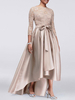Robe de mère de mariée champagne en satin col rond dos en v manche longue asymétrique décoré de noeud robe invitée mariage