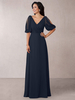 Robe de mère de mariée col V manche longue zip sur dos au sol