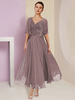 Robe de mère de mariée deux pièces col v manche courte en mousseline de soie