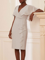 Robe de mère de mariée gris clair en chiffon col V manche courte à plissée Robe d\