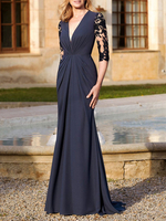 Robe de mère de mariée robe cocktaile de mariage col V demie-manche au sol