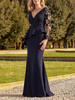 Robe de mère de mariée robe de cocktail de mariage col V manche longue transparent au sol