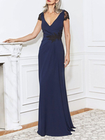 Robe de mère de mariée robe de cocktail de soirée col V manche courte au sol