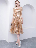 Robe de mère de mariée robe de cocktail de soirée de mariage or col rond demi manche zip sur dos au genou