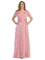Robe de mère de mariée rose col en v manches courtes une ligne en mousseline de soie plissée longueur de plancher robes dinvité de mariage