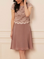 Robe de mère de mariée vieux rose en dentelle col rond jupe au genou Robe d\