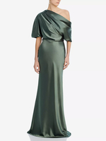 Robe de mère une épaule manches courtes sirène plissée longueur au sol robes dinvitées de mariage