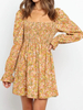 Robe de Patineuse Bohème Imprimé Courte Femme avec Manches Longues Amples à Col Carré Coupe Cintrée Bas Evasée Robe Courte