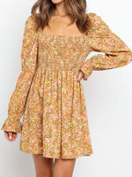 Robe de Patineuse Bohème Imprimé Courte Femme avec Manches Longues Amples à Col Carré Coupe Cintrée Bas Evasée Robe Courte