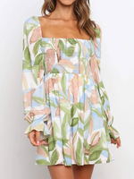 Robe de Patineuse Bohème Imprimé Courte Femme avec Manches Longues Amples à Col Carré Coupe Cintrée Bas Evasée Robe Courte