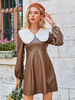 Robe de Patineuse Courte en Cuir Synthétique à Col Revers avec Manches Longues Amples Coupe Cintrée Bas Evasée Bicolores