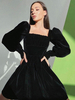 Robe de Patineuse Courte Femme à Col Carré avec Manches Longues Amples Coupe Cintrée Unicolore