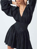 Robe de Patineuse Courte Femme à Col Décolleté en V avec Manches Longues Amples Coupe Cintrée Bas Evasée Unicolore