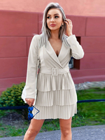 Robe de Patineuse Courte Femme à Col Revers avec Manches Longues Coupe Cintrée à Lacets Bas Evasée Unicolore