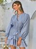 Robe de Patineuse Courte Femme à Col Rond avec Manches Longues Amples Coupe Cintrée avec Ceinture Bas Evasée Unicolore