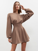 Robe de Patineuse Courte Femme à Col Rond avec Manches Longues Amples Coupe Cintrée Bas Evasée Unicolore