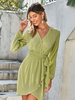 Robe de Patineuse Courte Femme à Col V avec Manches Longues Amples Coupe Cintrée à Lacets Bas Evasée Unicolore