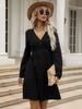 Robe de Patineuse Courte Femme à Col V avec Manches Longues Amples Coupe Cintrée Bas Evasée Unicolore