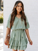 Robe de Patineuse Courte Femme avec Manches Courtes Amples à Col V Coupe Cintrée Unicolore