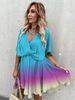 Robe de Patineuse Courte Femme avec Manches Courtes Volantes à Col V Coupe Cintrée Bas Evasée Tricolores