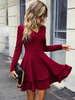 Robe de Patineuse Courte Femme avec Manches Longues à Col V Coupe Cintrée Bas Evasée Unicolore